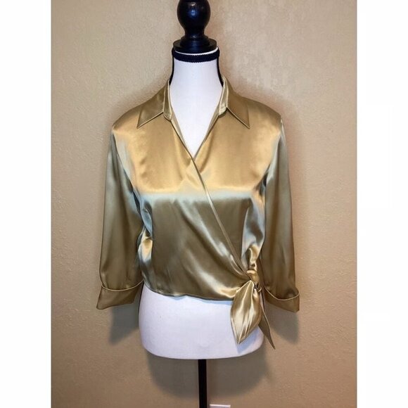 90s Petite Sophisticate Long-Sleeve Wrap Front-Tie Silk Top Size 6 Gold - Picture 1 of 14